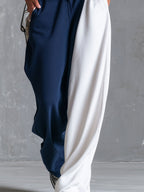 Casual Retro Blue And White Color-blocked Sleeveless Stand-collar Cotton Top And Pants Set