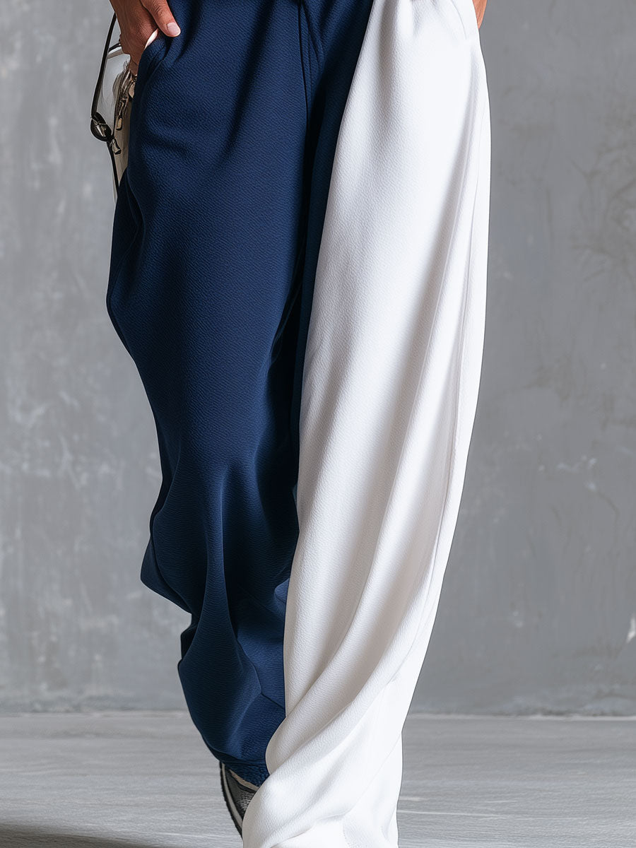 Casual Retro Blue And White Color-blocked Sleeveless Stand-collar Cotton Top And Pants Set