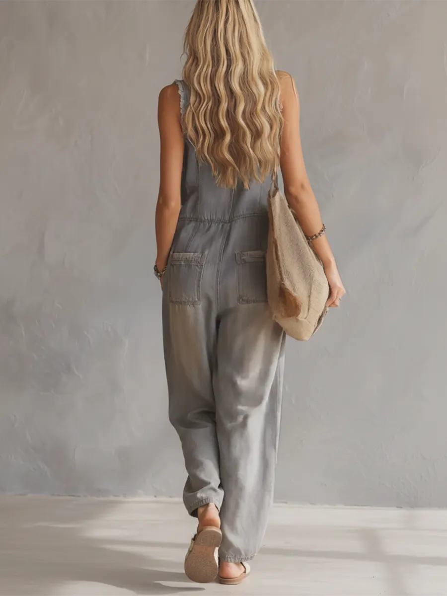 Retro Casual Distressed Gray-Blue Raw Hem Denim Jumpsuit