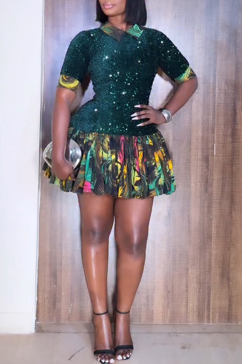 Women Collar Sequin Patchwork Print Elegant Casual Mini Dresses