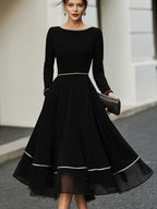 Long Sleeve Contrast Trim Midi Dress With Flared Skirt