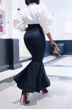 Women's Elegant Puff Sleeve Shirts & High Waist Fishtail Skirt