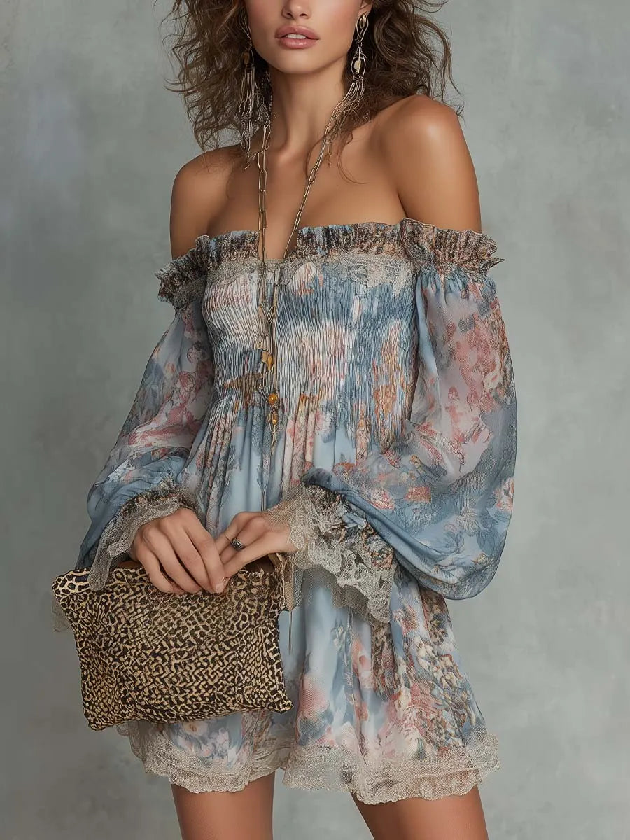 Romantic Floral Off-Shoulder Ruched Chiffon Mini Dress