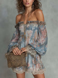 Romantic Floral Off-Shoulder Ruched Chiffon Mini Dress