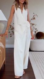 White Sleeveless Wrap Tie Vest & Wide Leg Pant 2 Piece Set