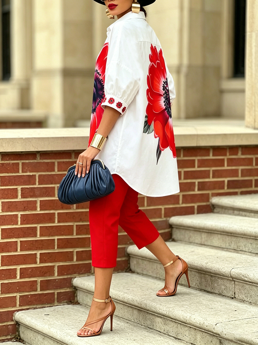 Artistic Stylish Scarlet Bloom Shirt And Pants Two-piece Set