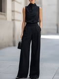Sleeveless High-Neck Pinstripe Wide-Leg Two-Piece Set