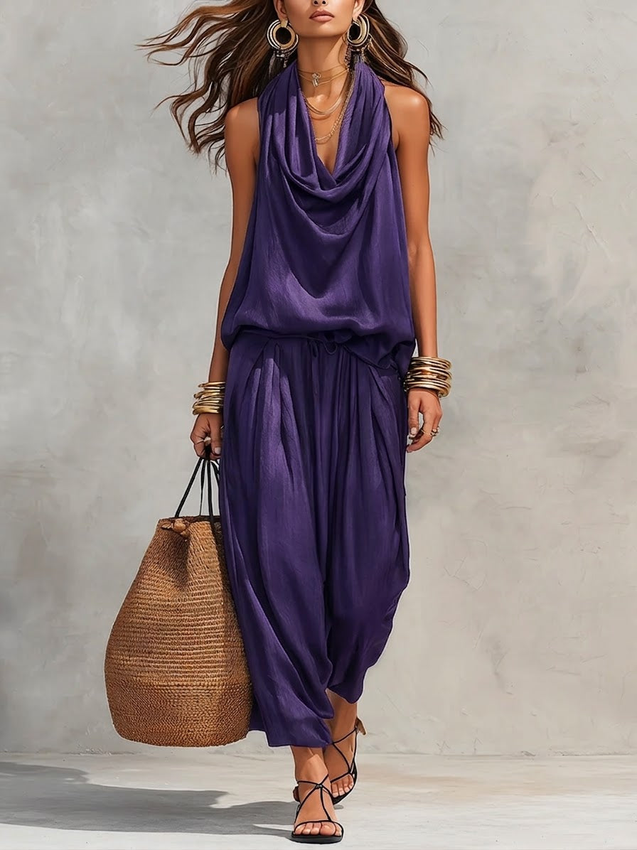 Cozy Elegant Draped Sleeveless Top And Pants Two-piece Set