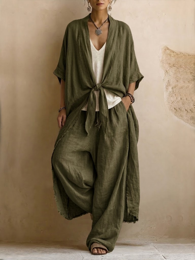 Bohemian-style Linen And Cotton Two-piece Set: Long Cardigan And Trousers