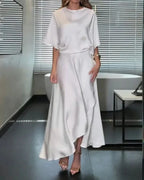 White Satin Cowl Neck Midi Dress With Pockets