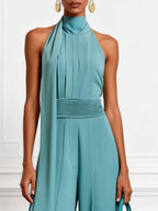 Women Cyan Ruched Halter Mock Neck Sleeveless Dressy Jumpsuit