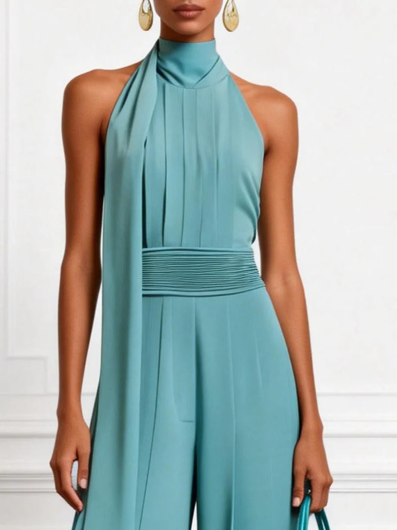 Women Cyan Ruched Halter Mock Neck Sleeveless Dressy Jumpsuit