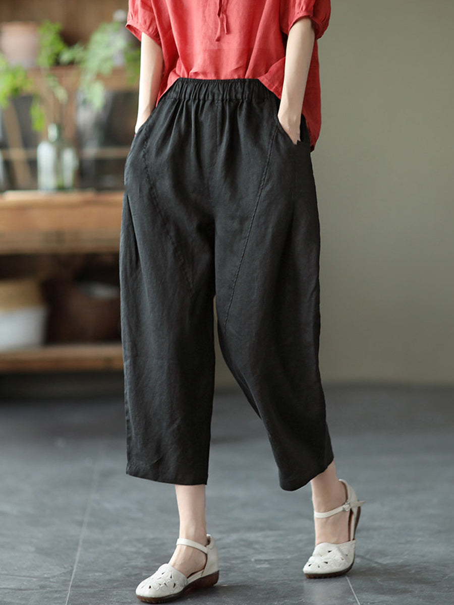 Casual Elastic-waist Linen And Cotton Trousers