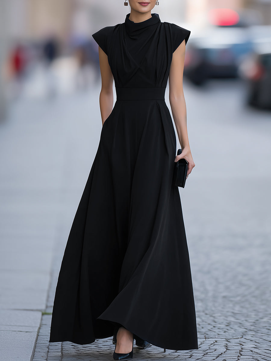 Draped Cap-Sleeve Maxi Dress With Defined Waist
