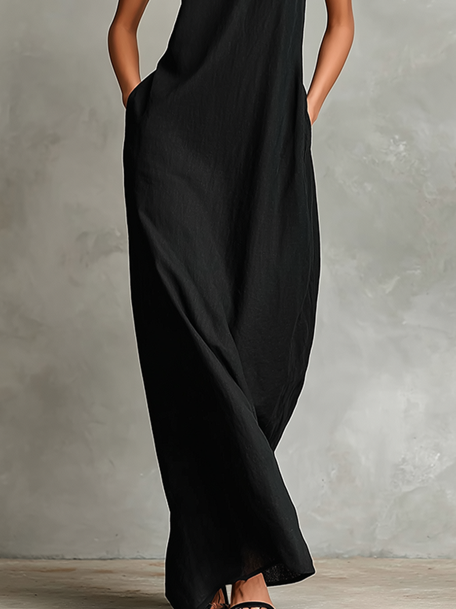 Women's Black Linen-Blend Maxi Dress With High Neck & Side Pockets, Timeless Minimalist Casual Dress MDZ2597D7LYL