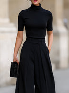 Minimalist Black Turtleneck Top & Wide-Leg Pants Co-ord Set