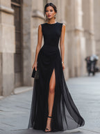 Draped High-Slit Layered Maxi Evening Dress