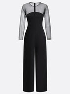Women Black Mesh Crew Neck Long Sleeve Dressy Jumpsuit