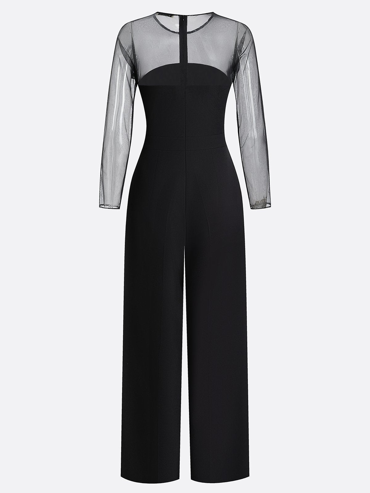 Women Black Mesh Crew Neck Long Sleeve Dressy Jumpsuit