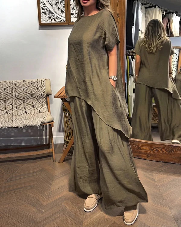 Olive Green Linen Tie Side Two Piece Lounge Set