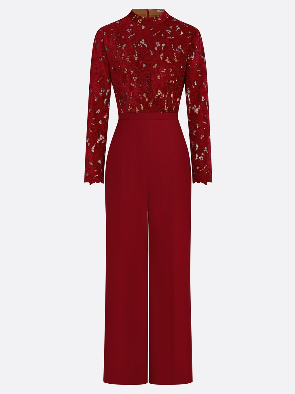 Women Wine Red Lace Flocked Mock Neck Long Sleeve Dressy Jumpsuit
