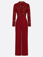 Women Wine Red Lace Flocked Mock Neck Long Sleeve Dressy Jumpsuit