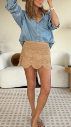 Oversized Denim Shirt + Crochet Mini Skirt Matching Outfit