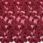 Women Wine Red Lace Flocked Mock Neck Long Sleeve Dressy Jumpsuit