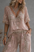 Floral Embroidered V-Neck Top High Waist Wide Leg Pants Two Piece Set