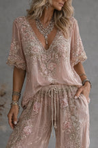 Floral Embroidered V-Neck Top High Waist Wide Leg Pants Two Piece Set