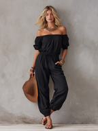 Women's Casual Black Woven Off-Shoulder Sleeveless Jumpsuit MDZ1751F1LXY