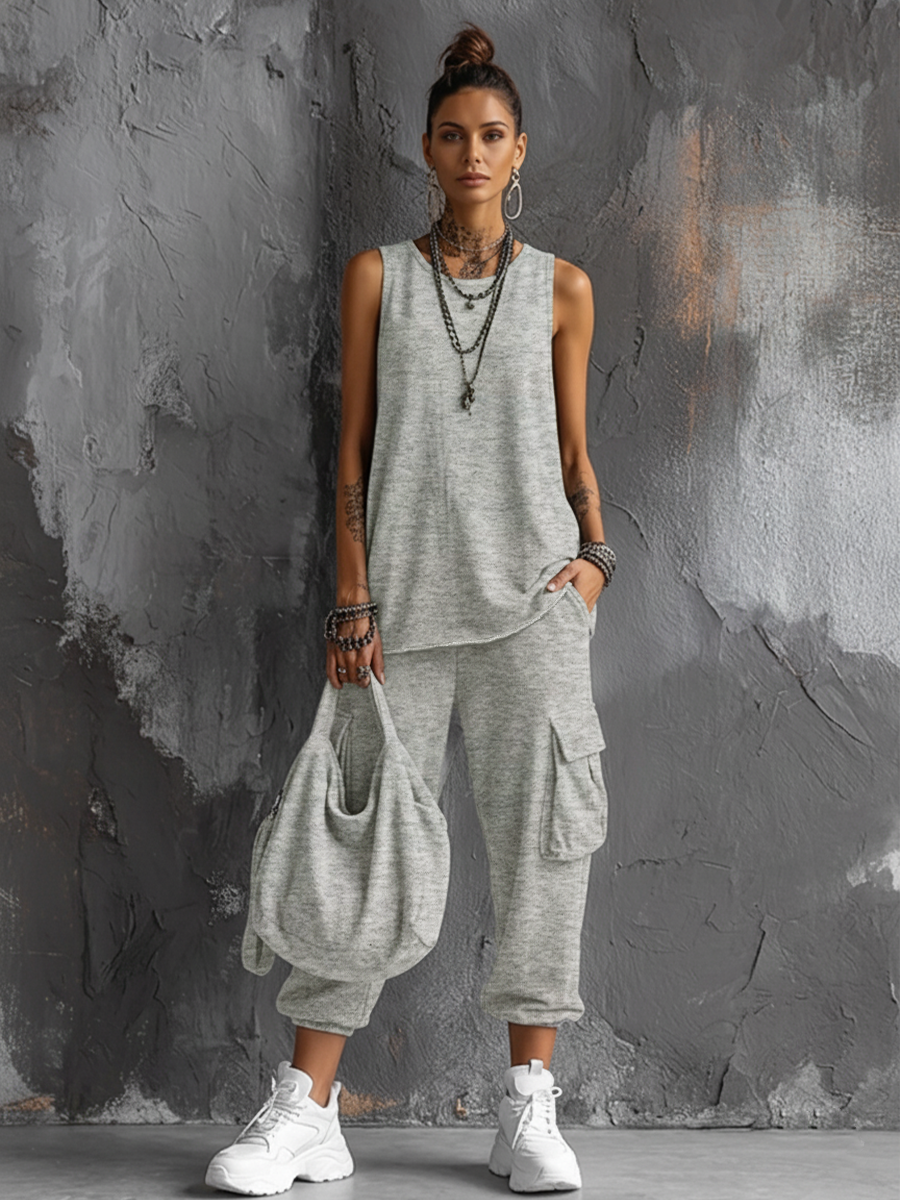 Women's Casual Style Dark Gray Cotton Blend Sleeveless Top + Jogger Cargo Pants Set MDZ2365D7GMJ