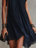 Navy Blue Floral Embroidered Pleated Chiffon Mini Dress