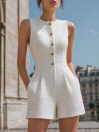 Sleeveless Bouclé Button-Front Tailored Short Jumpsuit