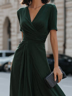 V-Neck Wrap-Style Midi Dress With Waist Draping Detail