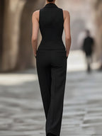 Black Halter Vest & Tailored Straight-Leg Pants Suit Set