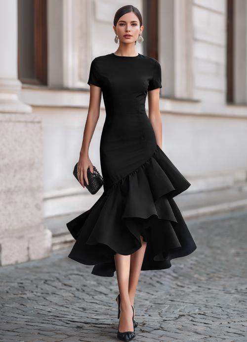 Asymmetrical Ruffle Hem Tailored Midi Dress