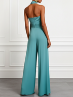 Women Cyan Ruched Halter Mock Neck Sleeveless Dressy Jumpsuit