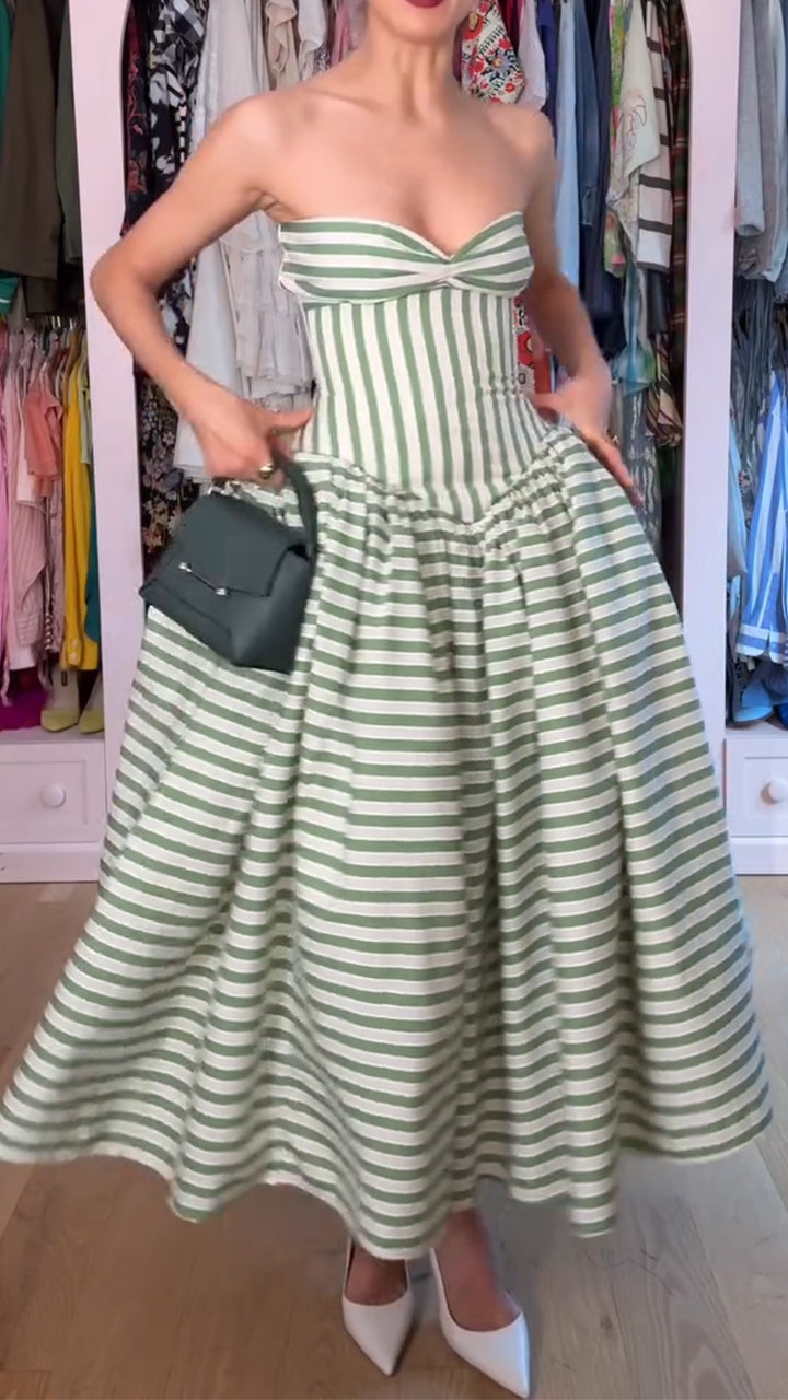 Women Strapless Patchwork Vertical Line Elegant Temperament Dress