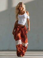 Chic Sporty Style White Off-the-shoulder T-shirt And Red Camouflage Wide-leg Pants Set