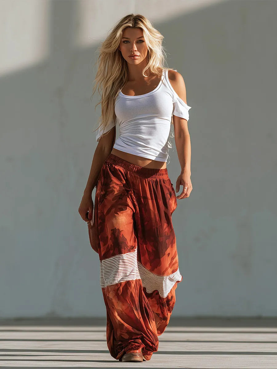 Chic Sporty Style White Off-the-shoulder T-shirt And Red Camouflage Wide-leg Pants Set