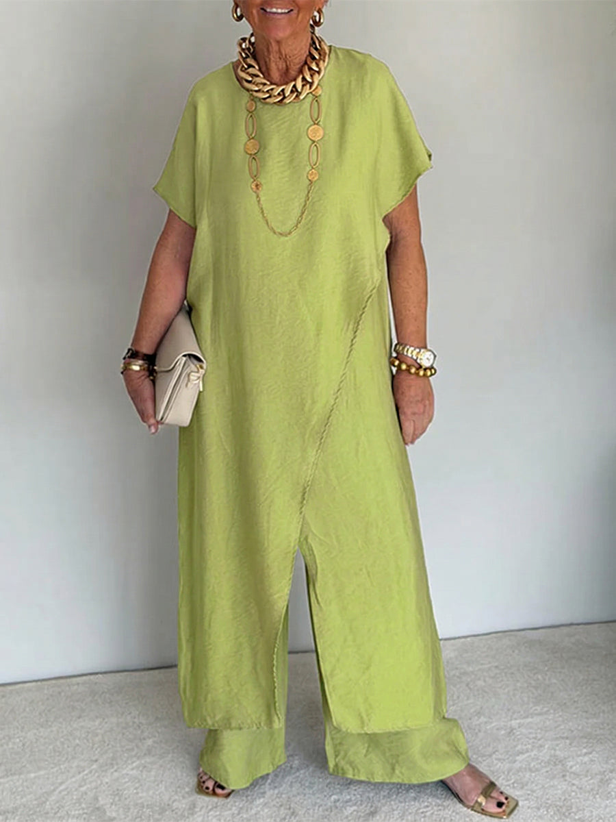 Women's Cozy Loose Fit Asymmetrical Two-Piece Set - Casual Retro Cotton Blend Outfit