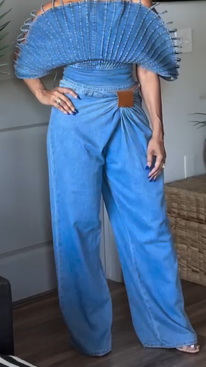 Women Camisole Fan-shaped Top + Pants Casual Denim Set