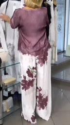 Purple Floral Print Linen 3 Piece Outfit Set