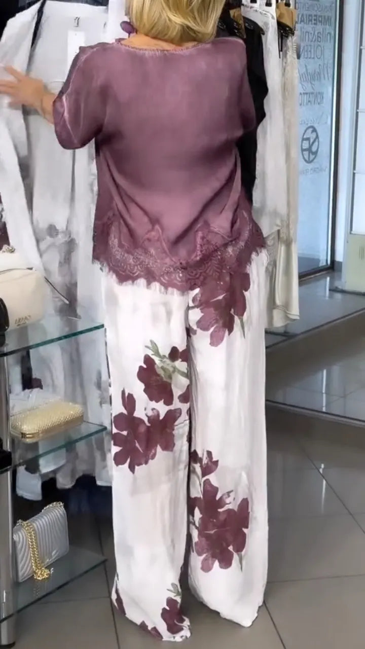 Purple Floral Print Linen 3 Piece Outfit Set