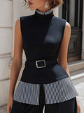 Contrast Stripe High-Neck Belted Structured Top