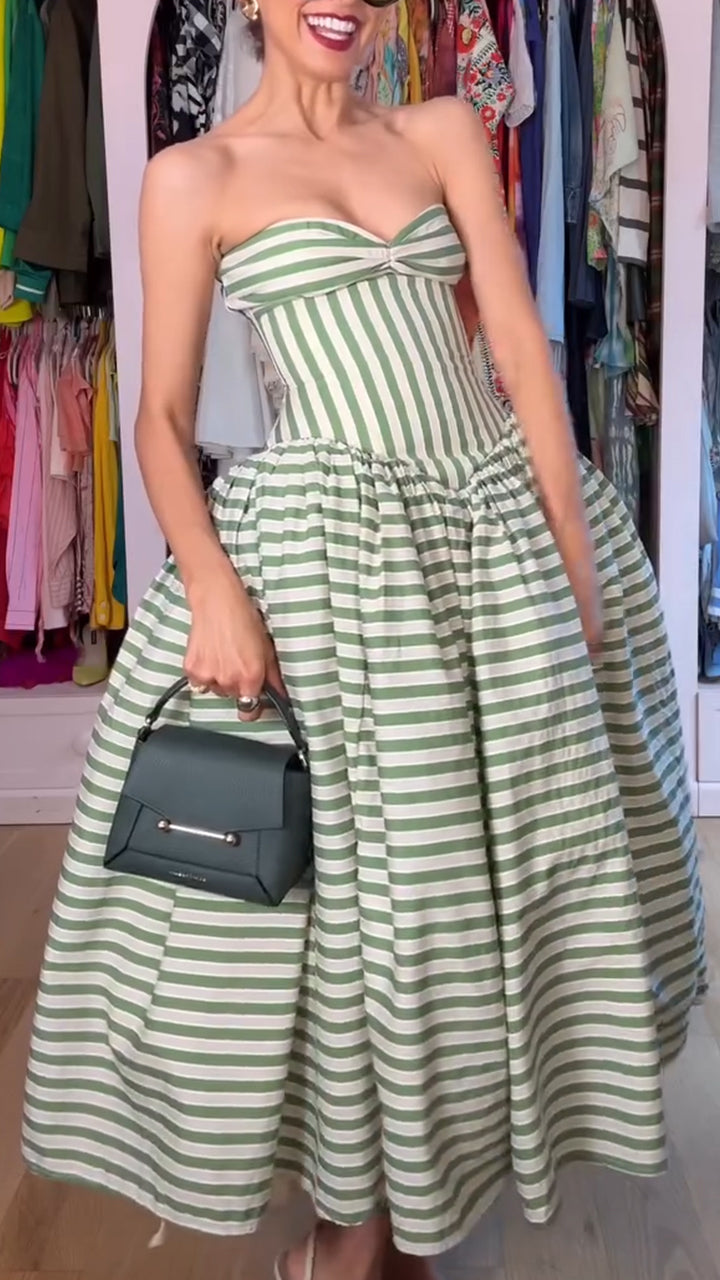 Women Strapless Patchwork Vertical Line Elegant Temperament Dress