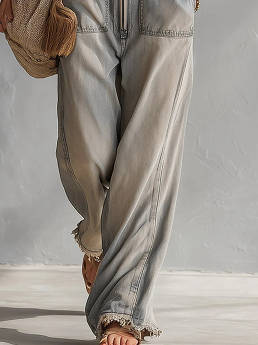 Retro Casual Distressed Gray-Blue Raw Hem Denim Jumpsuit