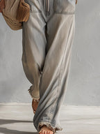 Retro Casual Distressed Gray-Blue Raw Hem Denim Jumpsuit