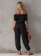 Women's Casual Black Woven Off-Shoulder Sleeveless Jumpsuit MDZ1751F1LXY
